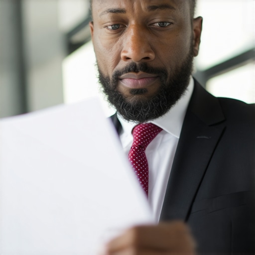 Confident Immigration Lawyer Review Immigration lawyer reviewing official documents with a client in an office environment