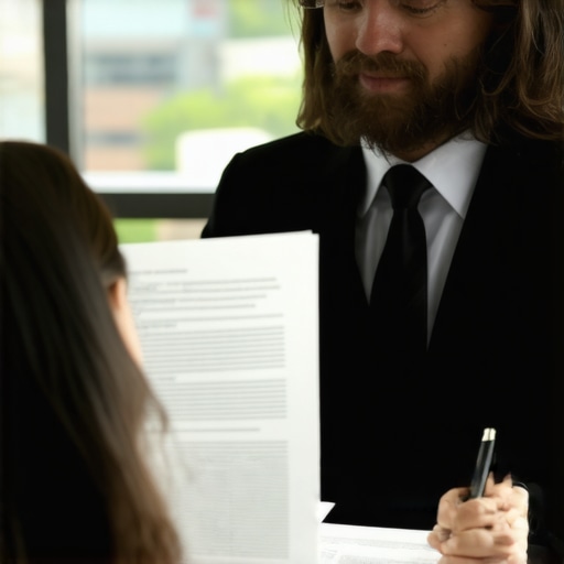 Immigration lawyer explaining legal options to a client in office