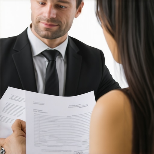 Immigration lawyer analyzing legal documents with a client in an office setting.