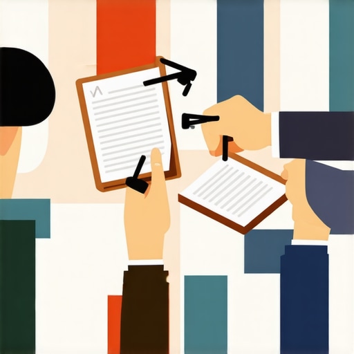Immigration lawyer discussing legal documents with client in office