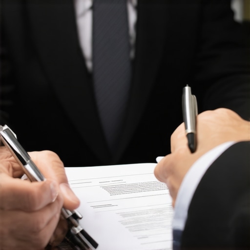 A lawyer and client discussing immigration documents in a professional office.