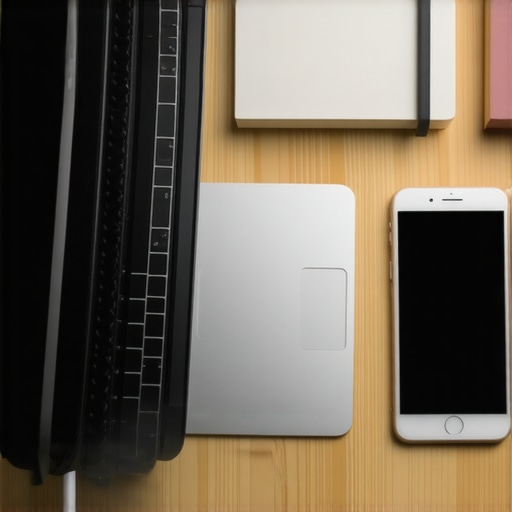 Mesa de escritório com dispositivos tecnológicos e documentos organizados