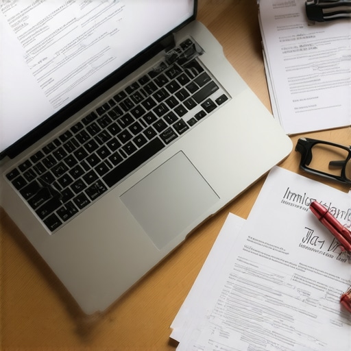 Person working with laptop and immigration documents in a modern office