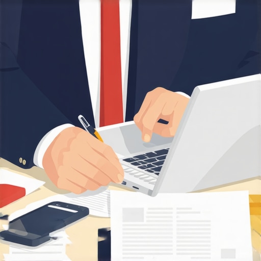Abogado de inmigración revisando documentos en una computadora portátil con dispositivos digitales
