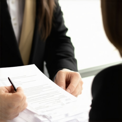 Immigration lawyer discussing case details with a client in an office