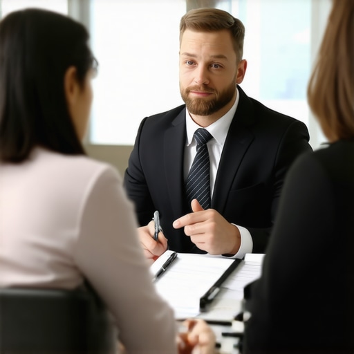 Immigration lawyer discussing rights with client in an office.