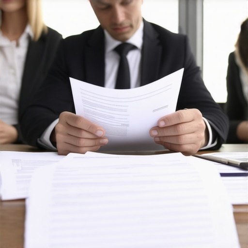Lawyer and clients discussing immigration documents at a desk