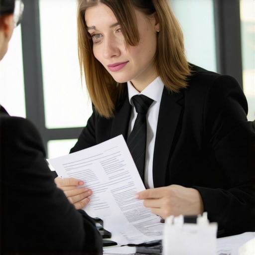 Lawyer advising client using digital and paper documents
