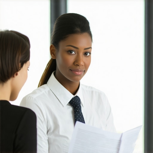 Immigration lawyer assisting client with documents in an office.