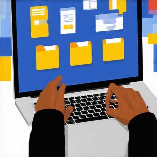 Persona ordenando documentos migratorios en computadora portátil con iconos de seguridad.