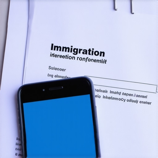 Organizador Digital y Documentos de Inmigración Una persona revisando documentos en un organizador digital junto a un teléfono móvil