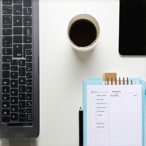 A workspace scene showing a laptop, paperwork, and planning tools for managing immigration cases efficiently.