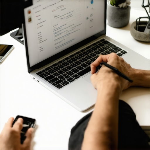 Organizing Immigration Process with Digital Tools Person managing immigration documents and notifications on laptop and phone in office.