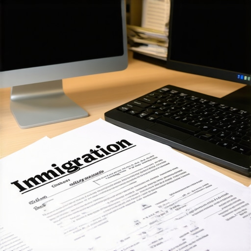 A workspace showing immigration documents and digital tools used for case management