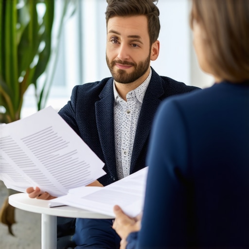 Abogado de inmigración con cliente revisando casos en oficina