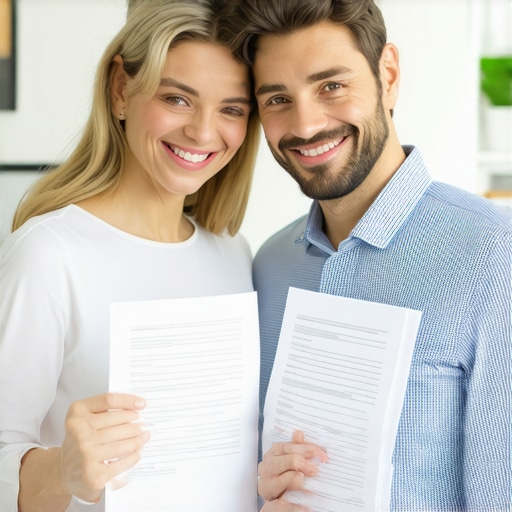Happy married couple reviewing documents together