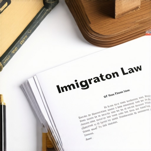 Expert Immigration Lawyer at Work A lawyer reviewing immigration documents surrounded by law books in a professional setting.