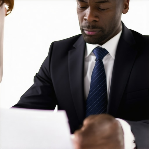 Immigration lawyer analyzing documents with a client in an office.