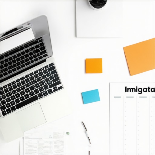 Gestión eficiente de proceso migratorio Espacio de trabajo digital ordenado con documentos y herramientas tecnológicas para abogados de inmigración