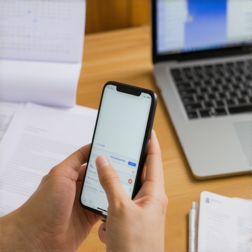 Gestor de herramientas digitales para inmigrantes Persona sincronizando aplicaciones en su teléfono y computadora para gestionar trámites migratorios.
