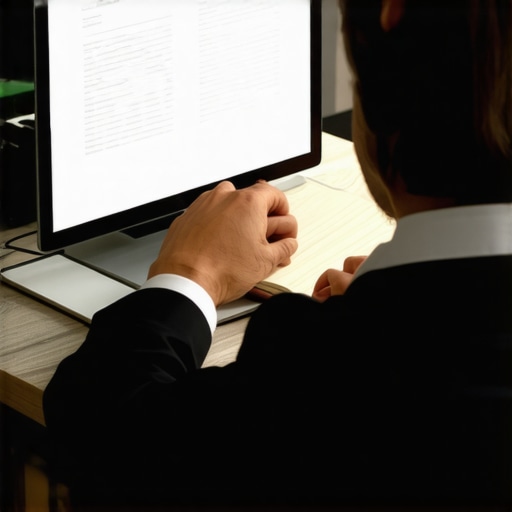 Abogado de inmigración revisando documentos y usando dispositivos tecnológicos en su oficina.