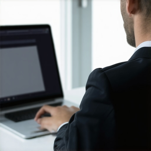 Abogado revisando documentos digitales en una oficina moderna con laptops y pantallas.