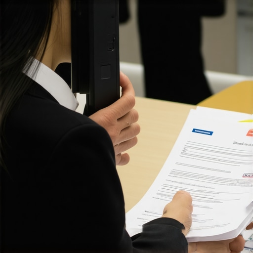 Persona haciendo una llamada urgente en el consulado con documentos preparados