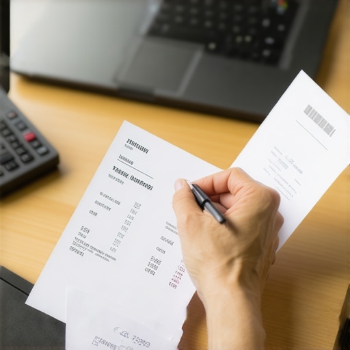 Persona ordenando y revisando recibos de envíos de dinero en un escritorio