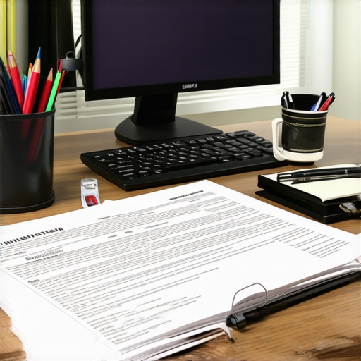 Organized Workspace for Immigration Case Management A modern desk with organized immigration paperwork, a laptop, and planning tools.