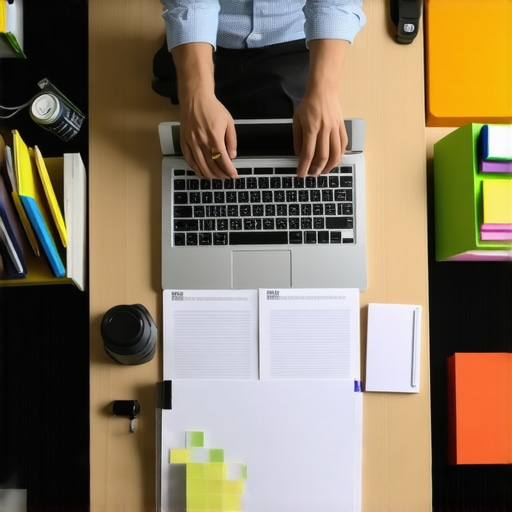 Person organizing physical and digital documents on a desk for immigration purposes.