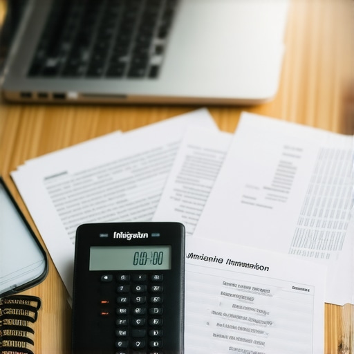 Person organizing immigration documents on a desk with digital tools