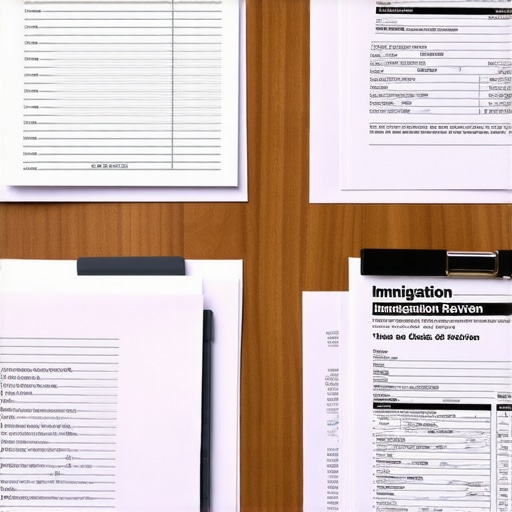 Desk with organized financial documents and legal papers for immigration process