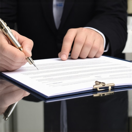 A lawyer and client examining official documents closely in an office environment.