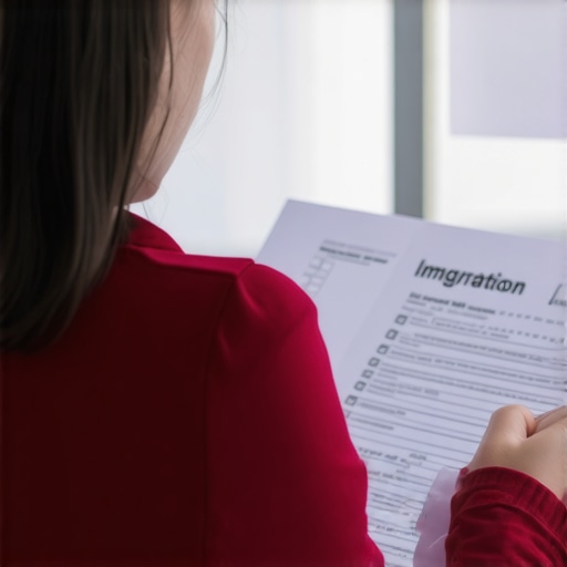Persona revisando cuidadosamente documentos de inmigración con lista de verificación.