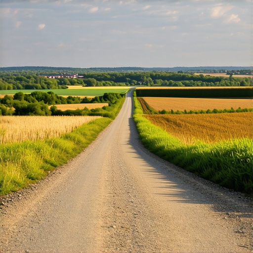 Ruta alternativa en caminos rurales para evitar controles migratorios A scenic rural road away from urban areas, symbolizing safe travel routes for undocumented migrants.
