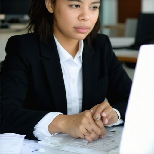 Profesional de inmigración trabajando con software y papeles
