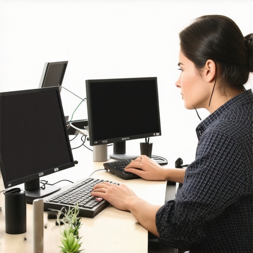 Tecnología en la práctica migratoria moderna Abogado de inmigración trabajando con software de gestión en un entorno de oficina contemporáneo