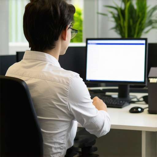Abogado de inmigración trabajando en una oficina con computadora y software de gestión de casos