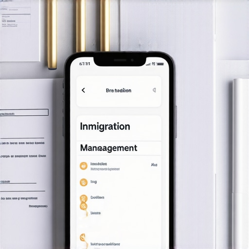 Tools for Effective Immigration Management Digital organizer and smartphone displaying immigration apps on a desk with legal documents