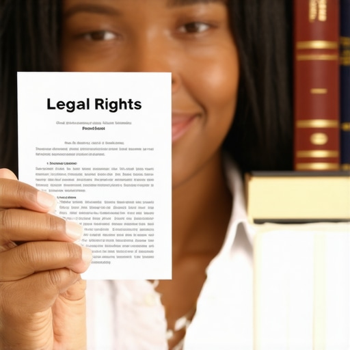 Person holding a card symbolizing knowledge of immigration rights, law books in the background.
