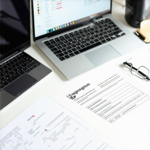 Workspace con herramientas de inmigración para abogados. Un espacio de trabajo organizado con computadoras y documentos legales para abogados de inmigración.
