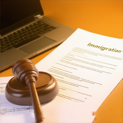 Documentos legales de inmigración y mazo de juez sobre un escritorio de madera