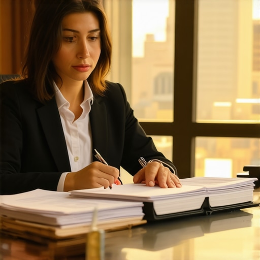 Abogado de inmigración revisando documentos legales con un cliente en una oficina profesional