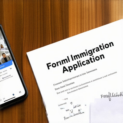 Teléfono con redes sociales y formulario de inmigración sobre un escritorio.