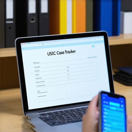 Smartphone scanning immigration documents and case tracking software on a laptop