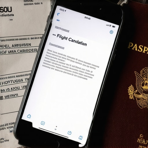Teléfono con aviso de vuelo cancelado y formularios de inmigración sobre una mesa