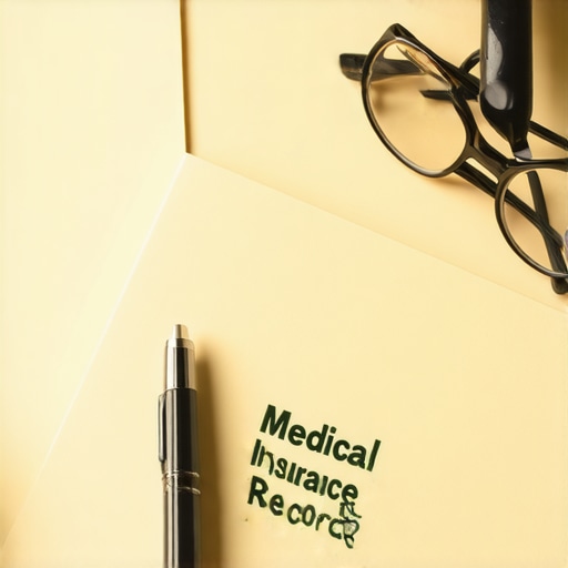 Documentos médicos para trámites migratorios Carpeta organizada con seguros médicos y recibos de pago para proceso de residencia