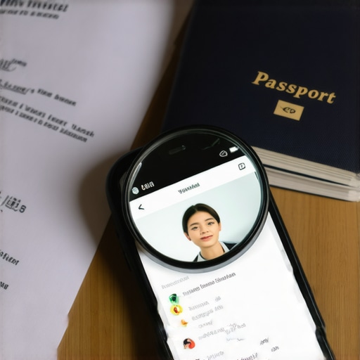 Ilustración de un smartphone siendo analizado junto a documentos legales de inmigración y un pasaporte.