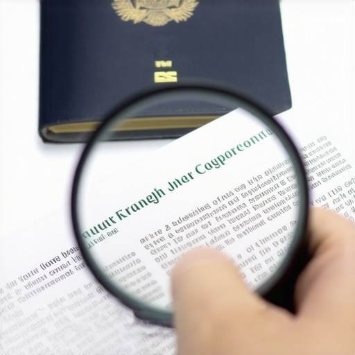 Lupa revisando los detalles de un contrato legal de trabajo e inmigración.