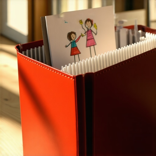 A red family emergency folder containing legal immigration documents and a child's drawing.